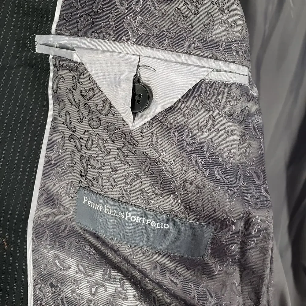 Perry Ellis Portfolio Men's Black Pinstriped 2Buttons Sportscoat Blazer 46L
